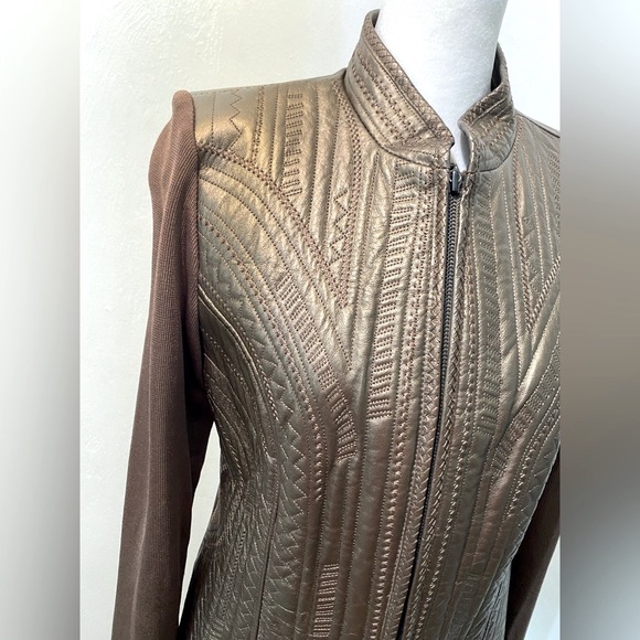 Leather Vintage Peter Nygard Metallic Brown jacket with rayon/nylon sleeves. S - Picture 7 of 9